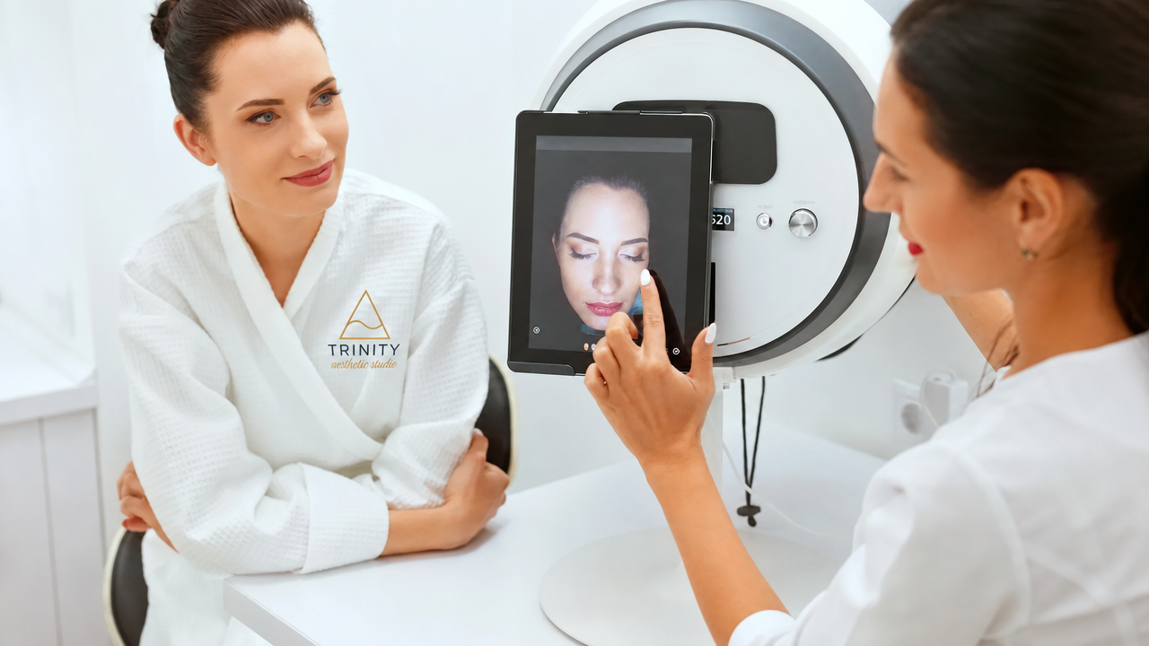 patient having their skin analyzed by the Alma IQ advanced machine at trinity aesthetic studio